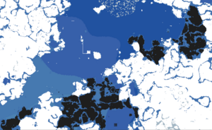 A blue-white-black map of areas, showing Southern cinder, with SPQE claims greatly marking the beaches.